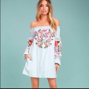 Free People Fleur Du Jour Embroidered Boho Dress Off Shoulder Pockets